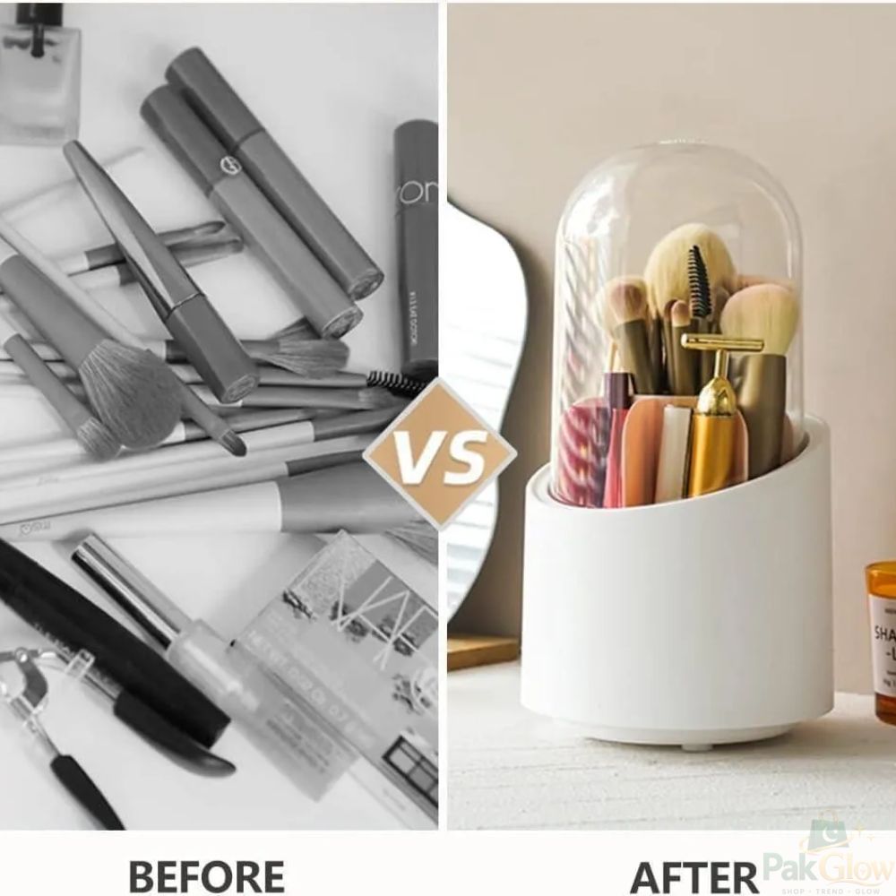360° Rotating Makeup Brush Organizer – Dust Protective Storage Dome