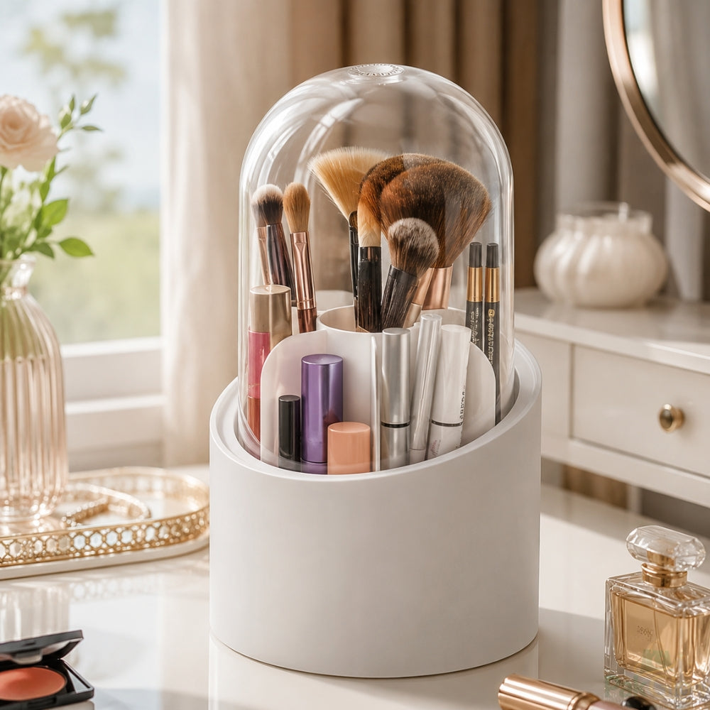 Premium Acrylic Makeup Brush Organizer – 3-Compartment Dust Protected  Storage