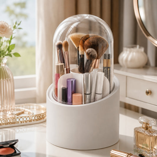 Premium Acrylic Makeup Brush Organizer – 3-Compartment Dust Protected  Storage