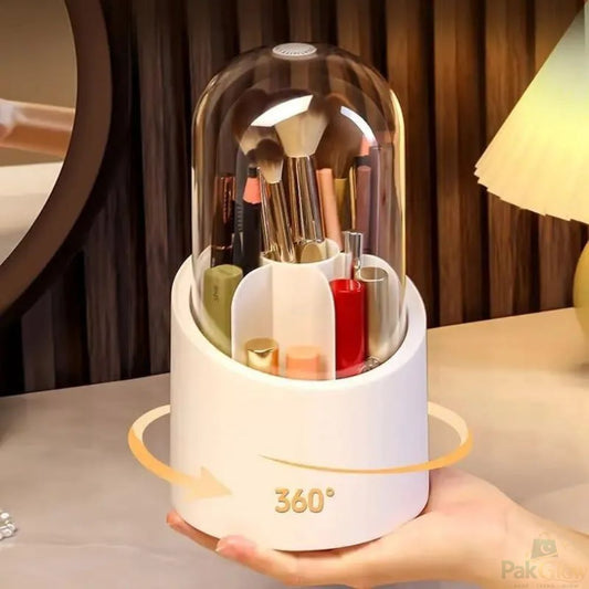 360° Rotating Makeup Brush Organizer – Dust Protective Storage Dome