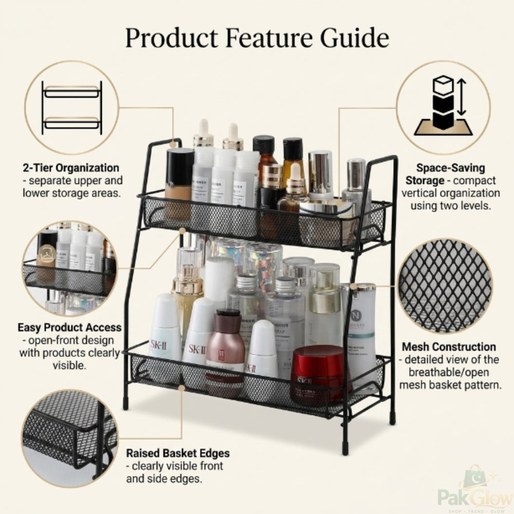 2-Tier Metal Makeup Organizer – Stylish Beauty Storage